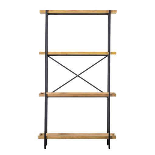 Industrial Black Metal And Oak Wood Veneer 4 Tier Open Shelving Display Unit 179cm