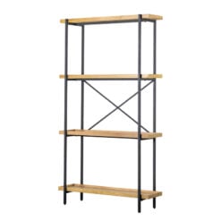 Industrial Black Metal And Oak Wood Veneer 4 Tier Open Shelving Display Unit 179cm