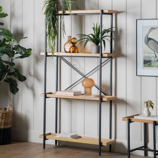 Industrial Black Metal And Oak Wood Veneer 4 Tier Open Shelving Display Unit 179cm