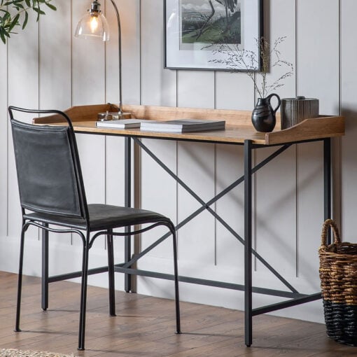 Industrial Black Metal And Oak Wood Veneer Desk