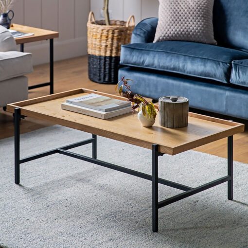 Industrial Black Metal And Oak Wood Veneer Rectangular Coffee Table 110cm