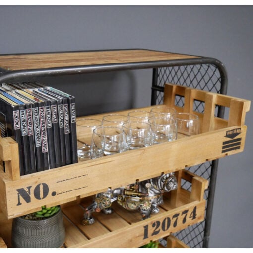 Industrial Black Metal And Removable Wooden Crates 4 Tier Open Shelving Unit With Wheels 138cm