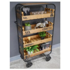 Industrial Black Metal And Removable Wooden Crates 4 Tier Open Shelving Unit With Wheels 138cm