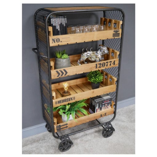Industrial Black Metal And Removable Wooden Crates 4 Tier Open Shelving Unit With Wheels 138cm
