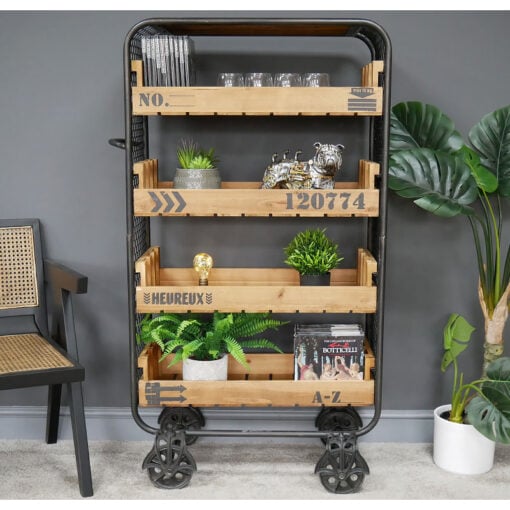 Industrial Black Metal And Removable Wooden Crates 4 Tier Open Shelving Unit With Wheels 138cm
