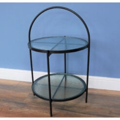 Industrial Black Metal And Ribbed Glass 2 Tier Side Table End Table