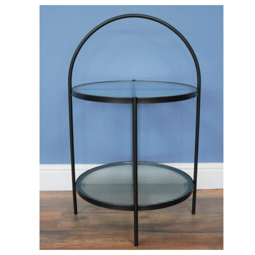 Industrial Black Metal And Ribbed Glass 2 Tier Side Table End Table