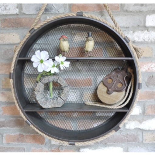 Industrial Black Metal And Rope Round 2 Tier Shelving Unit 60cm