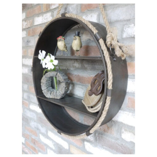 Industrial Black Metal And Rope Round 2 Tier Shelving Unit 60cm