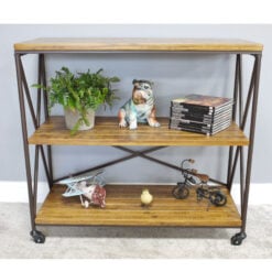 Industrial Black Metal And Solid Mango Wood 3 Tier Shelving Unit With Wheels 87cm
