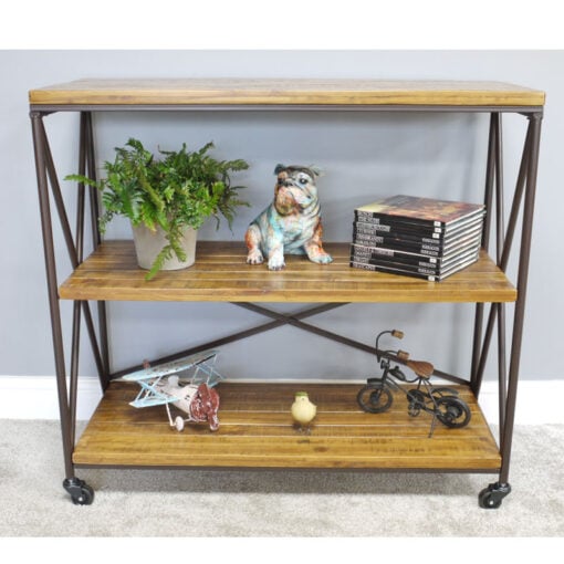 Industrial Black Metal And Solid Mango Wood 3 Tier Shelving Unit With Wheels 87cm
