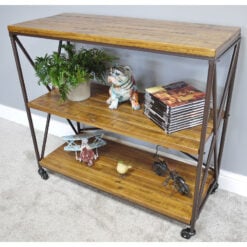Industrial Black Metal And Solid Mango Wood 3 Tier Shelving Unit With Wheels 87cm