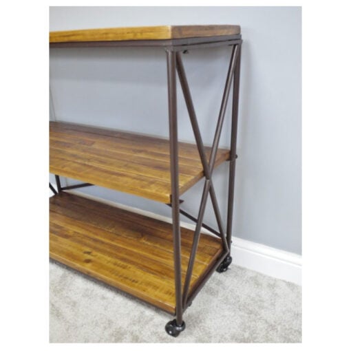 Industrial Black Metal And Solid Mango Wood 3 Tier Shelving Unit With Wheels 87cm