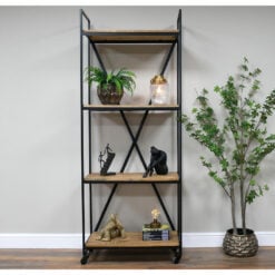 Industrial Black Metal And Solid Mango Wood 4 Tier Large Shelving Display Unit With Wheels 190cm