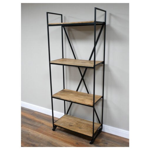 Industrial Black Metal And Solid Mango Wood 4 Tier Large Shelving Display Unit With Wheels 190cm