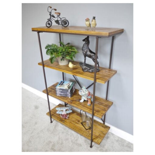 Industrial Black Metal And Solid Mango Wood 4 Tier Shelving Unit 142cm