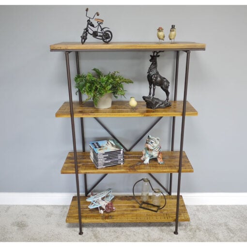 Industrial Black Metal And Solid Mango Wood 4 Tier Shelving Unit 142cm
