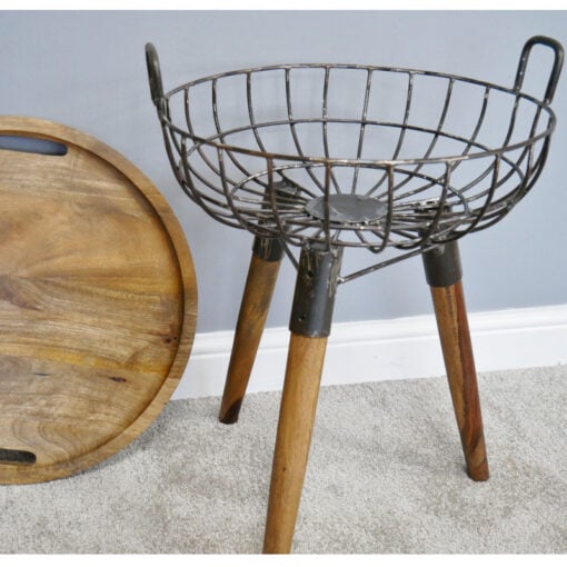 Industrial Black Metal And Solid Mango Wood Detachable Top Basket Side Table End Table