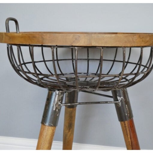 Industrial Black Metal And Solid Mango Wood Detachable Top Basket Side Table End Table