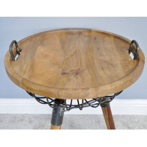Industrial Black Metal And Solid Mango Wood Detachable Top Basket Side Table End Table