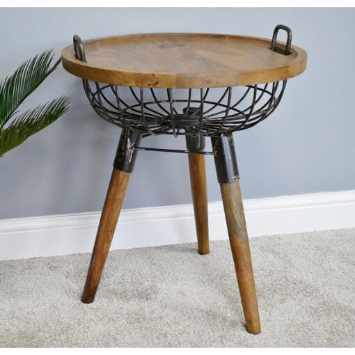 Industrial Black Metal And Solid Mango Wood Detachable Top Basket Side Table End Table