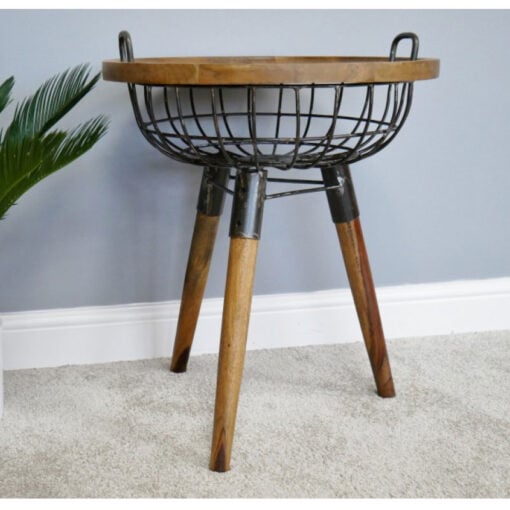 Industrial Black Metal And Solid Mango Wood Detachable Top Basket Side Table End Table