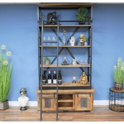 Industrial Black Metal And Solid Mango Wood Extra Large 4 Tier Shelving Bookcase Display Unit With A Movable Ladder 234cm