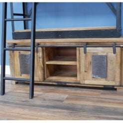 Industrial Black Metal And Solid Mango Wood Extra Large 4 Tier Shelving Bookcase Display Unit With A Movable Ladder 234cm