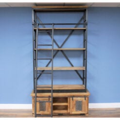 Industrial Black Metal And Solid Mango Wood Extra Large 4 Tier Shelving Bookcase Display Unit With A Movable Ladder 234cm
