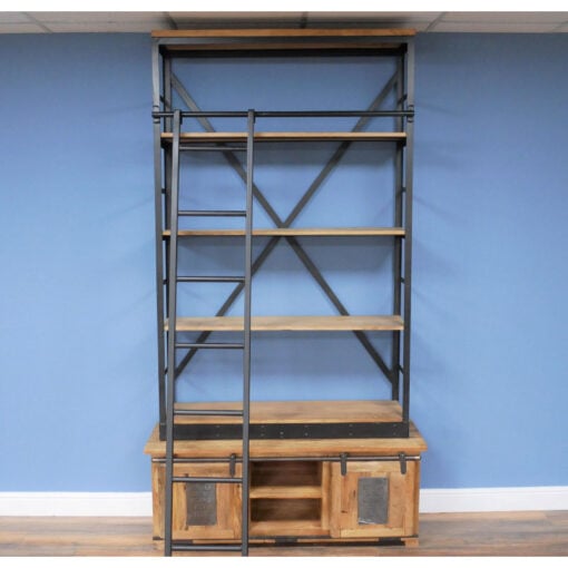Industrial Black Metal And Solid Mango Wood Extra Large 4 Tier Shelving Bookcase Display Unit With A Movable Ladder 234cm