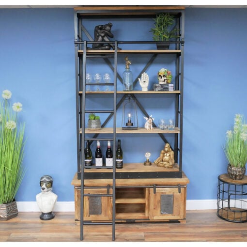 Industrial Black Metal And Solid Mango Wood Extra Large 4 Tier Shelving Bookcase Display Unit With A Movable Ladder 234cm