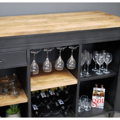 Industrial Black Metal And Solid Mango Wood Large Bar Drinks Cabinet With Counter And Foot Rest 162cm