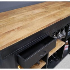 Industrial Black Metal And Solid Mango Wood Large Bar Drinks Cabinet With Counter And Foot Rest 162cm