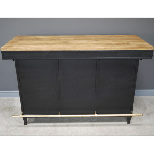 Industrial Black Metal And Solid Mango Wood Large Bar Drinks Cabinet With Counter And Foot Rest 162cm