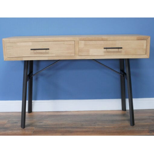Industrial Black Metal And Solid Wood 2 Drawer Console Table Desk 121cm