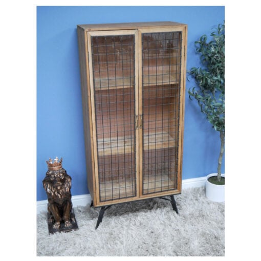 Industrial Black Metal And Solid Wood 2 Glass Door Display Cabinet 142cm