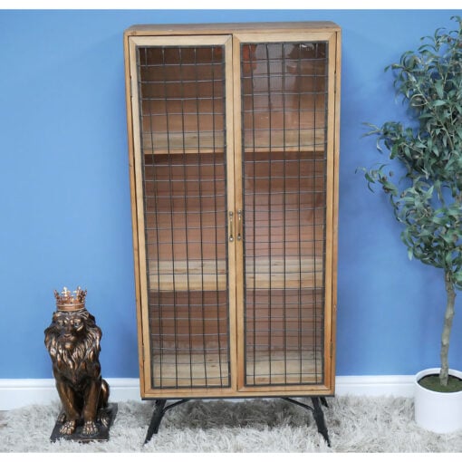 Industrial Black Metal And Solid Wood 2 Glass Door Display Cabinet 142cm