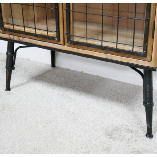 Industrial Black Metal And Solid Wood 2 Glass Doors Small Sideboard Cabinet