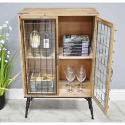 Industrial Black Metal And Solid Wood 2 Glass Doors Small Sideboard Cabinet