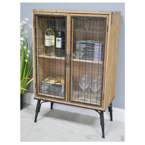 Industrial Black Metal And Solid Wood 2 Glass Doors Small Sideboard Cabinet