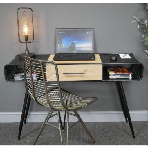 Industrial Black Metal And Solid Wood 2 Tier 1 Drawer Desk Console Table