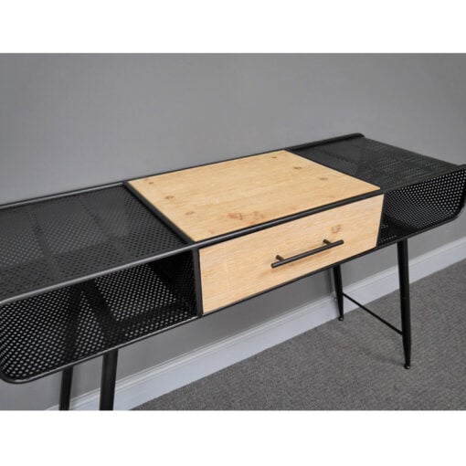 Industrial Black Metal And Solid Wood 2 Tier 1 Drawer Desk Console Table