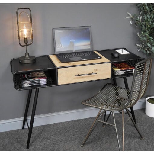 Industrial Black Metal And Solid Wood 2 Tier 1 Drawer Desk Console Table