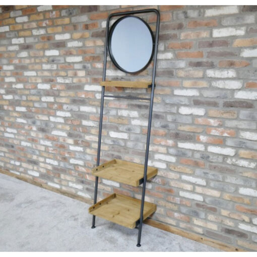 Industrial Black Metal And Solid Wood 3 Tier Bathroom Leaner Shelving Unit With Tilting Mirror And Towel Rack 200cm