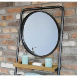 Industrial Black Metal And Solid Wood 3 Tier Bathroom Leaner Shelving Unit With Tilting Mirror And Towel Rack 200cm