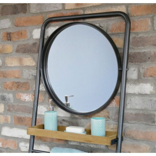 Industrial Black Metal And Solid Wood 3 Tier Bathroom Leaner Shelving Unit With Tilting Mirror And Towel Rack 200cm