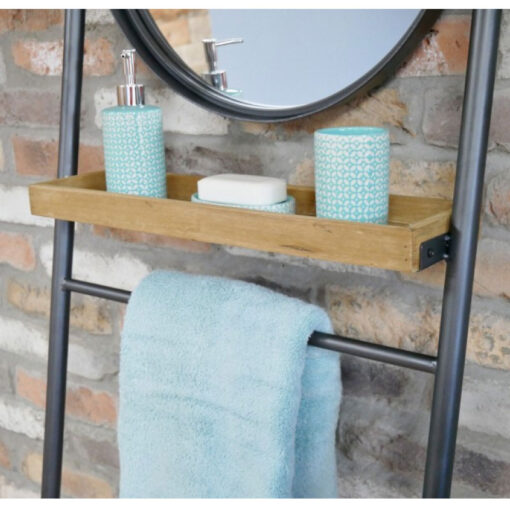 Industrial Black Metal And Solid Wood 3 Tier Bathroom Leaner Shelving Unit With Tilting Mirror And Towel Rack 200cm