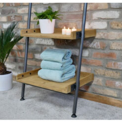 Industrial Black Metal And Solid Wood 3 Tier Bathroom Leaner Shelving Unit With Tilting Mirror And Towel Rack 200cm
