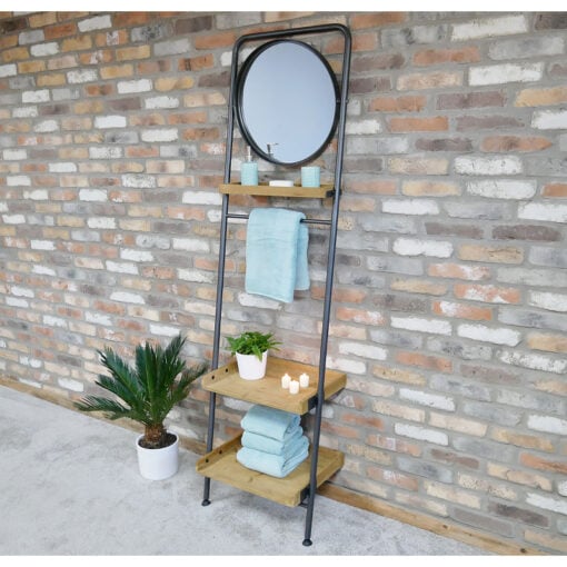 Industrial Black Metal And Solid Wood 3 Tier Bathroom Leaner Shelving Unit With Tilting Mirror And Towel Rack 200cm