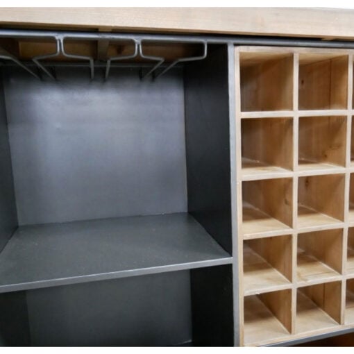 Industrial Black Metal And Solid Wood Drinks Bar Cabinet With Wine And Glass Storage And Wheels 115cm